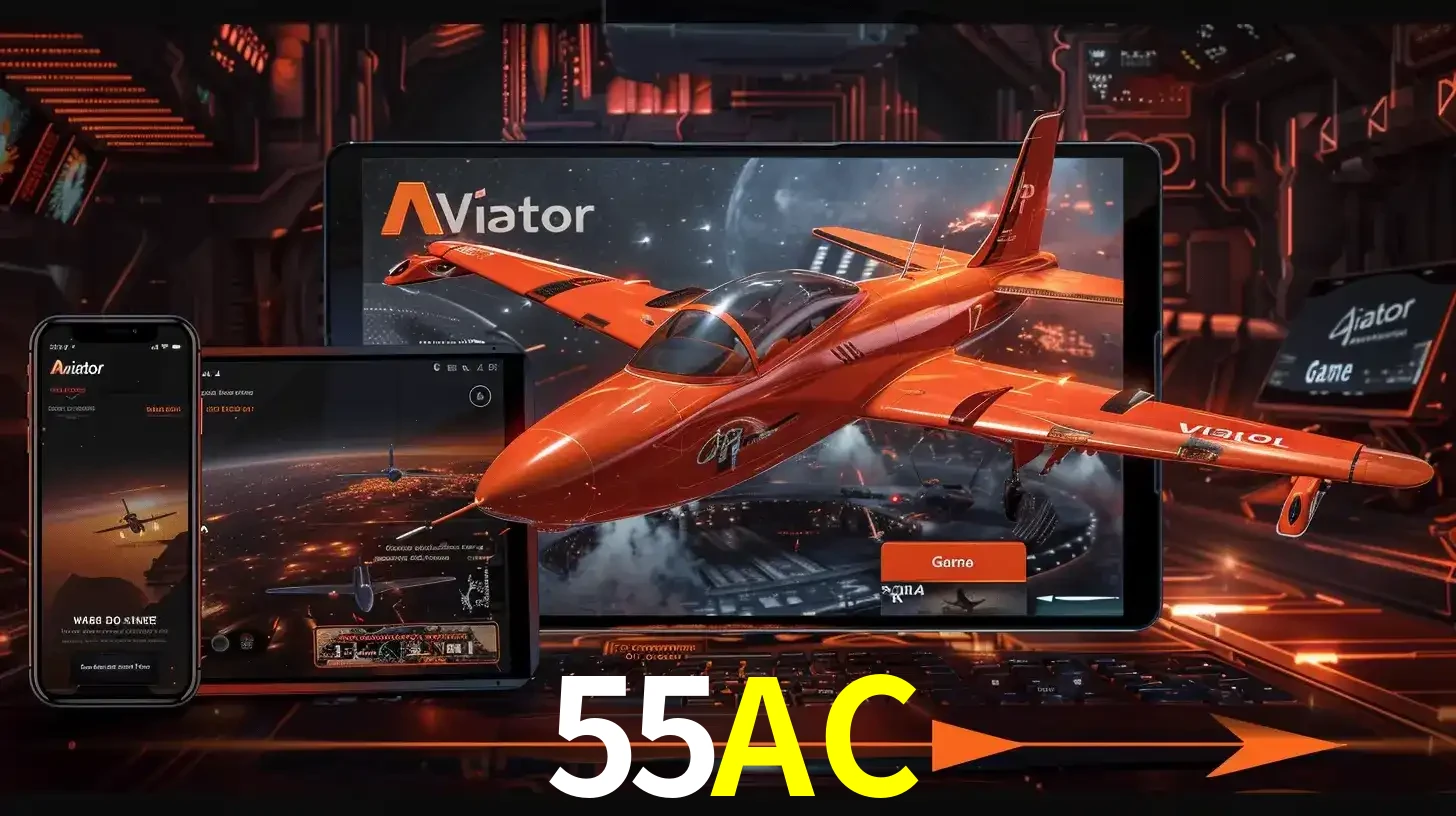 Apresentação tecnológica do jogo Aviator com um avião saindo da tela de um tablet, demonstrando a experiência imersiva em múltiplos dispositivos no 55AC.