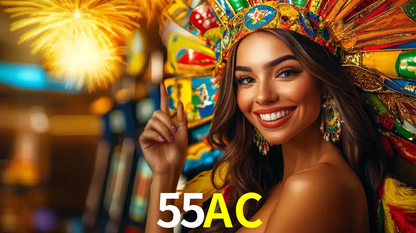 Mulher sorridente com um cocar de carnaval vibrante e colorido, celebrando uma grande vitória nos jogos do cassino 55AC com fogos de artifício ao fundo.