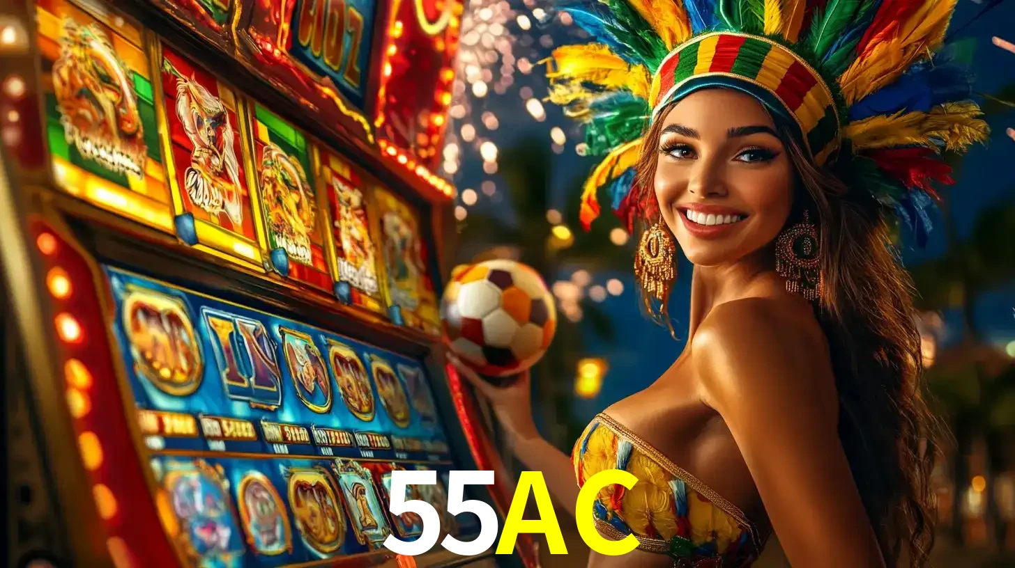 Mulher com um cocar de carnaval ao lado de uma máquina de caça-níqueis enquanto segura uma bola de futebol, mostrando a união da diversão de cassino e esportes no 55AC.