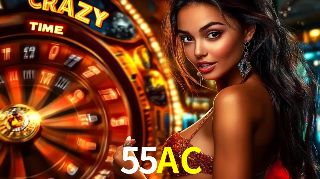 Mulher ao lado da roda de prêmios do jogo de cassino ao vivo Crazy Time, um dos shows de jogos mais emocionantes oferecidos pela plataforma de apostas 55AC.