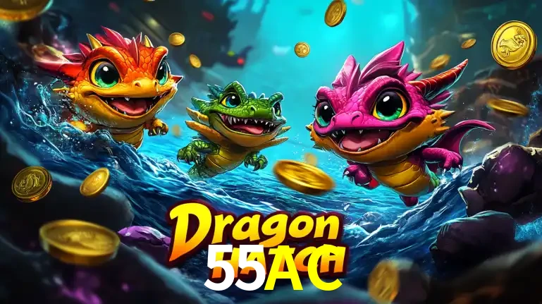 Arte promocional do jogo Dragon Hatch com três adoráveis dragões bebês nadando entre moedas de ouro, um dos slots mais divertidos para jogar no cassino 55AC.