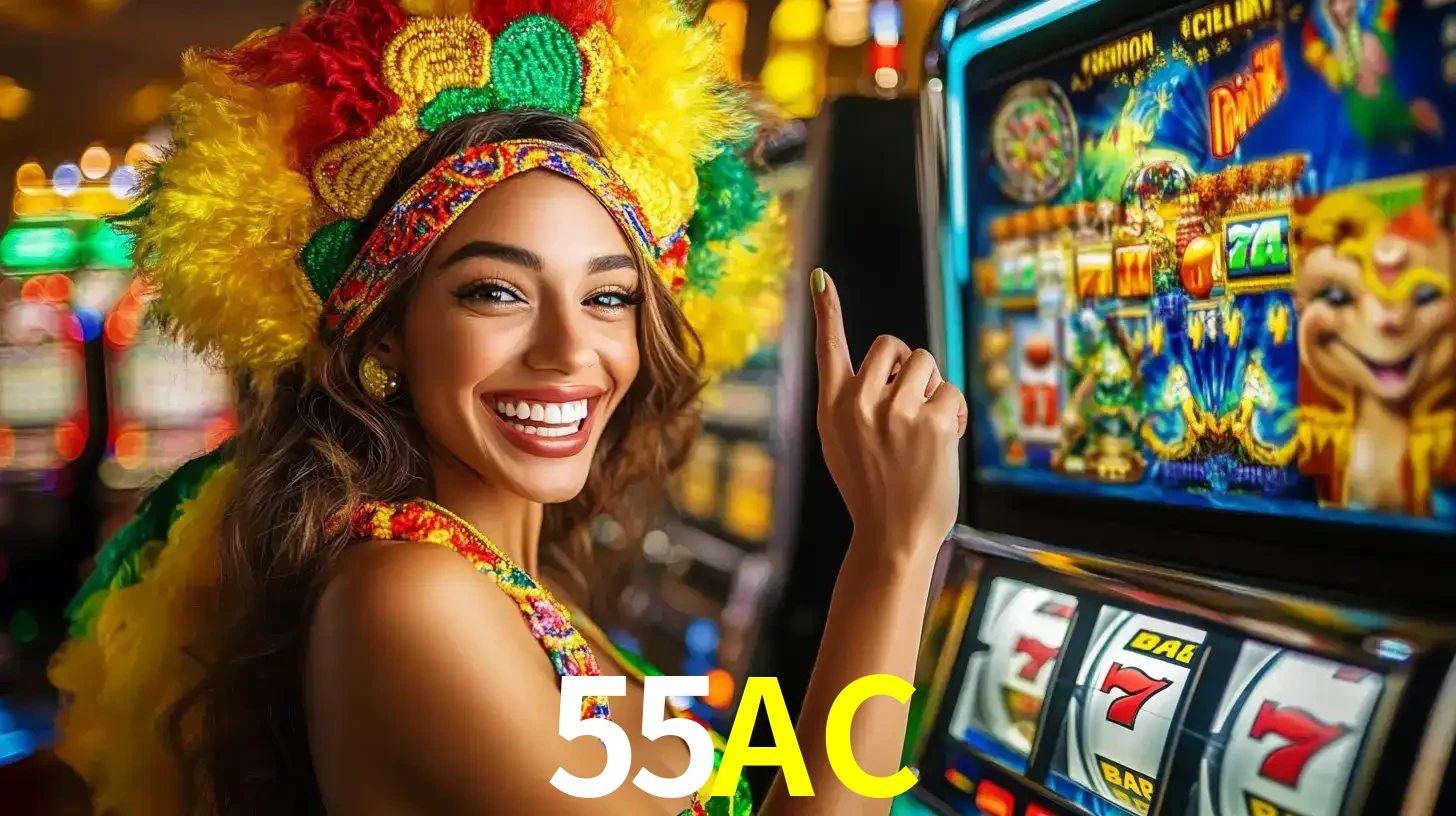 Mulher animada com um cocar de carnaval apontando para uma máquina de caça-níqueis, mostrando a emoção de ganhar um grande prêmio nos jogos do 55AC.