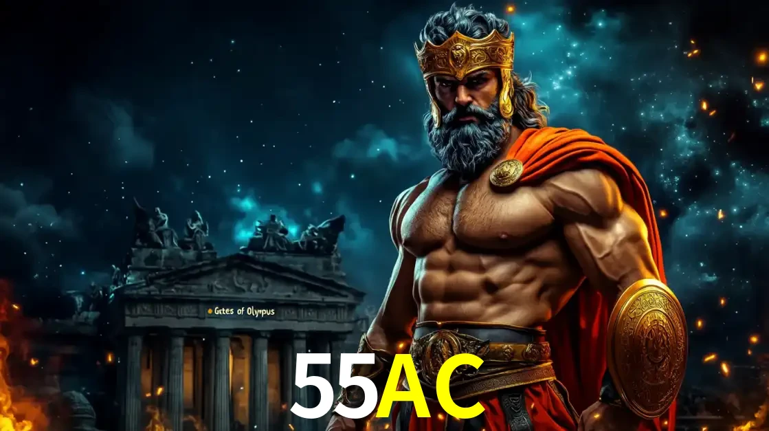 O poderoso Zeus do jogo de slot Gates of Olympus em frente ao seu templo, pronto para lançar multiplicadores divinos e prêmios épicos no cassino online 55AC.