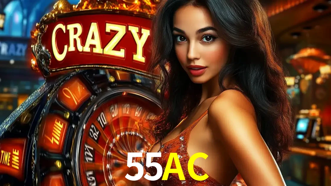 Mulher glamourosa olhando para a câmera com a roda vermelha do Crazy Time ao fundo em um ambiente de cassino, destacando a emoção dos jogos ao vivo no 55AC.