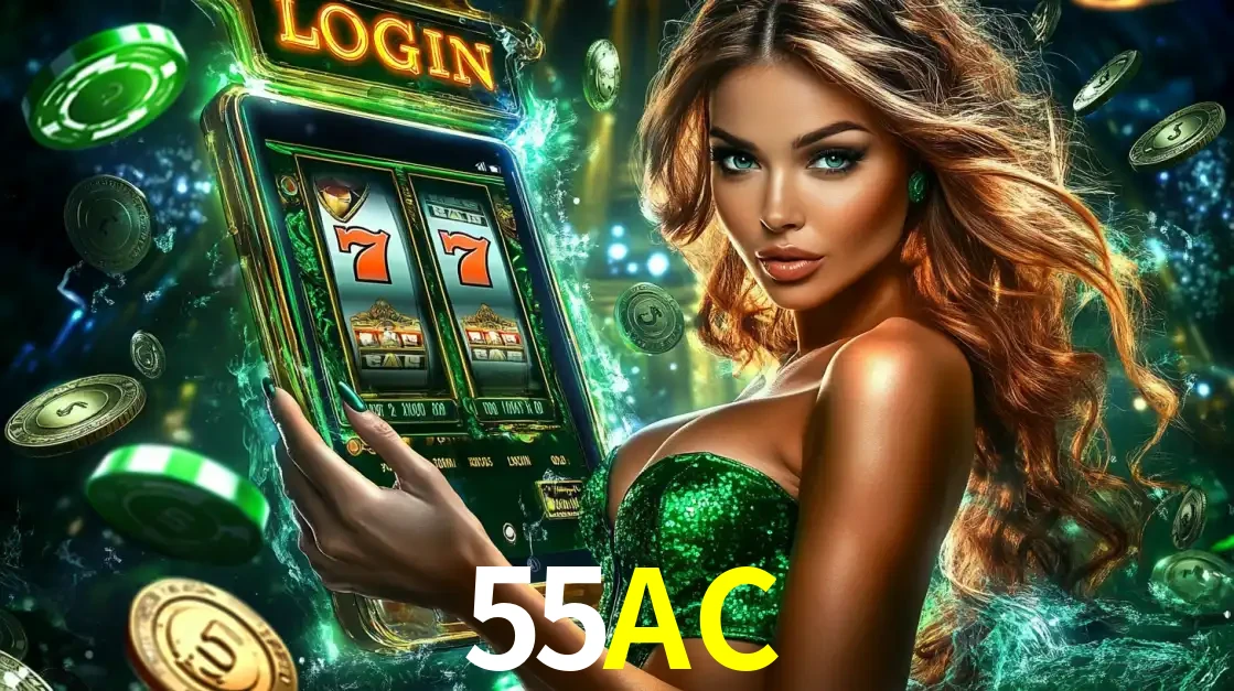 Mulher com tema verde apresentando o aplicativo do cassino 55AC com um jogo de slot de 777, cercada por fichas de cassino e uma aura de sorte.