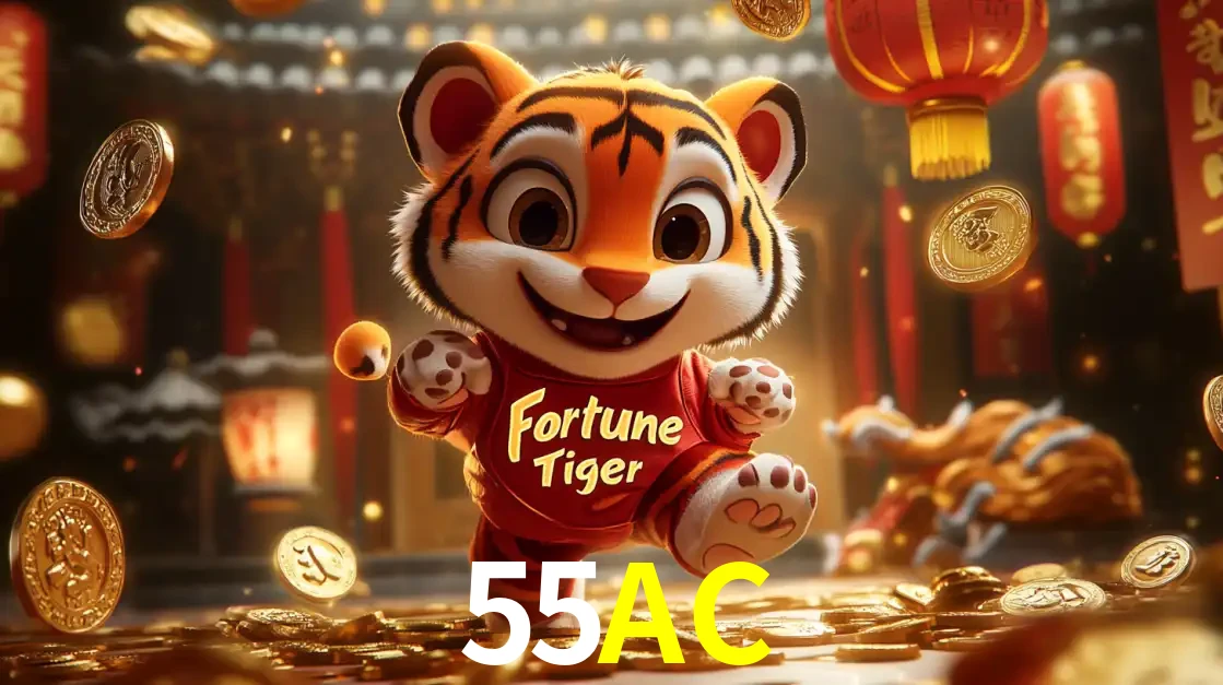O alegre personagem do Fortune Tiger correndo sobre um caminho de moedas de ouro, simbolizando os grandes prêmios e a diversão do popular jogo de slot do 55AC.