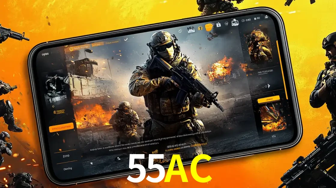 Um smartphone exibindo a interface de um jogo de tiro em primeira pessoa, com um soldado em um cenário de batalha, representando a ação dos e-sports para apostar no 55AC.