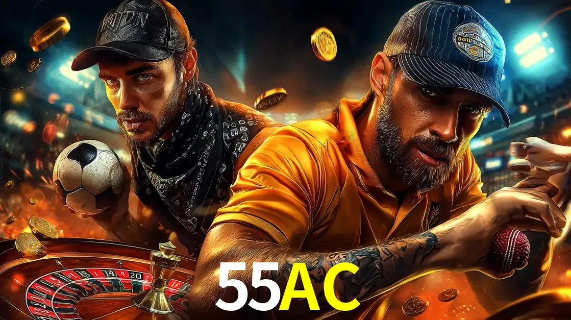 Montagem de apostas esportivas e cassino no 55AC, com um homem segurando uma bola de futebol e outro uma de beisebol sobre uma roleta e moedas voadoras.