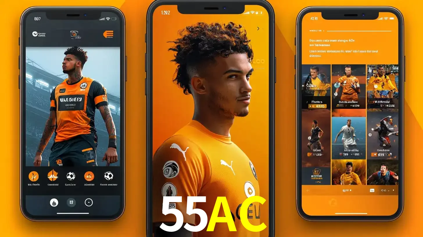 Interface do aplicativo de apostas esportivas 55AC em três telas de celular, mostrando o perfil de um jogador de futebol e a lista de jogos disponíveis para apostar.