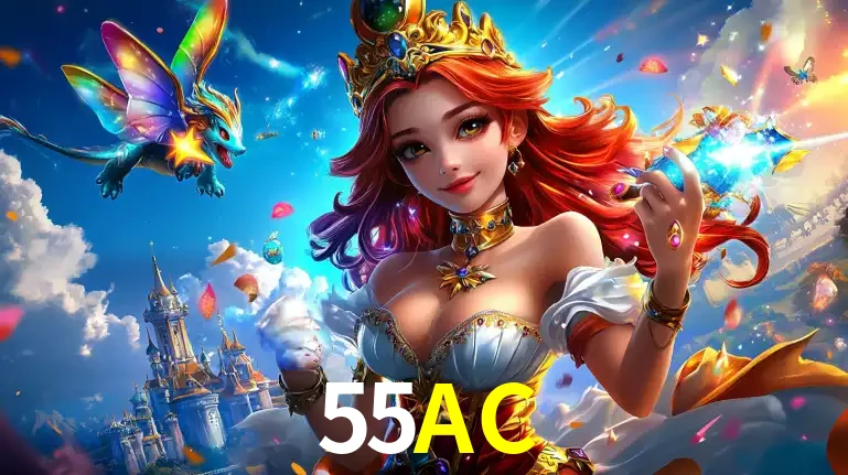 A princesa de um reino de fantasia mágico, com seu pequeno dragão, apresentando um mundo de prêmios encantados nos jogos de caça-níqueis do cassino 55AC.