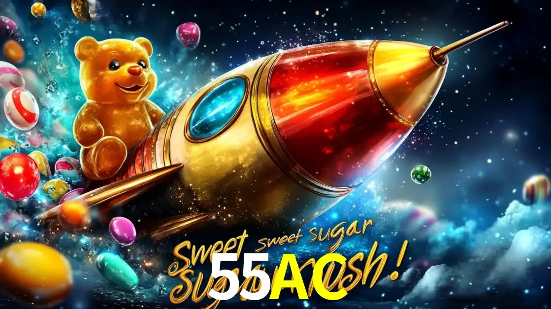 Arte promocional do jogo de slot Sugar Rush, com um urso de pelúcia em um foguete viajando pelo espaço de doces, um dos jogos divertidos disponíveis no cassino 55AC.