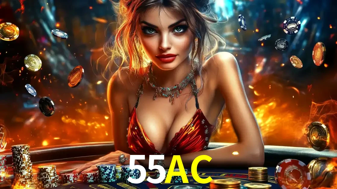 Mulher em uma mesa de cassino com pilhas de fichas e um fundo de fogo, pronta para uma rodada de altas apostas nos jogos de mesa emocionantes do cassino 55AC.