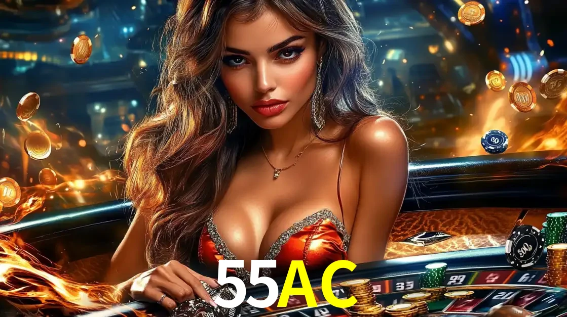 Mulher glamourosa em uma mesa de roleta com um fundo de chamas e moedas voadoras, pronta para fazer sua aposta e ganhar grandes prêmios no cassino ao vivo 55AC.