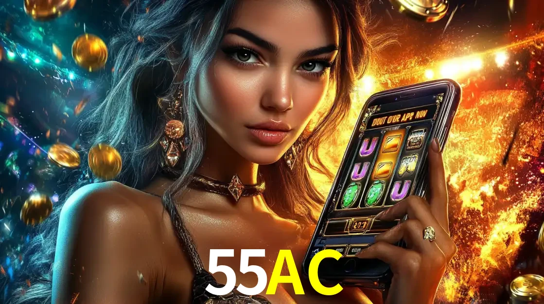 Mulher elegante mostrando um jogo de caça-níqueis em seu smartphone, destacando a experiência de cassino móvel oferecida pelo aplicativo 55AC.