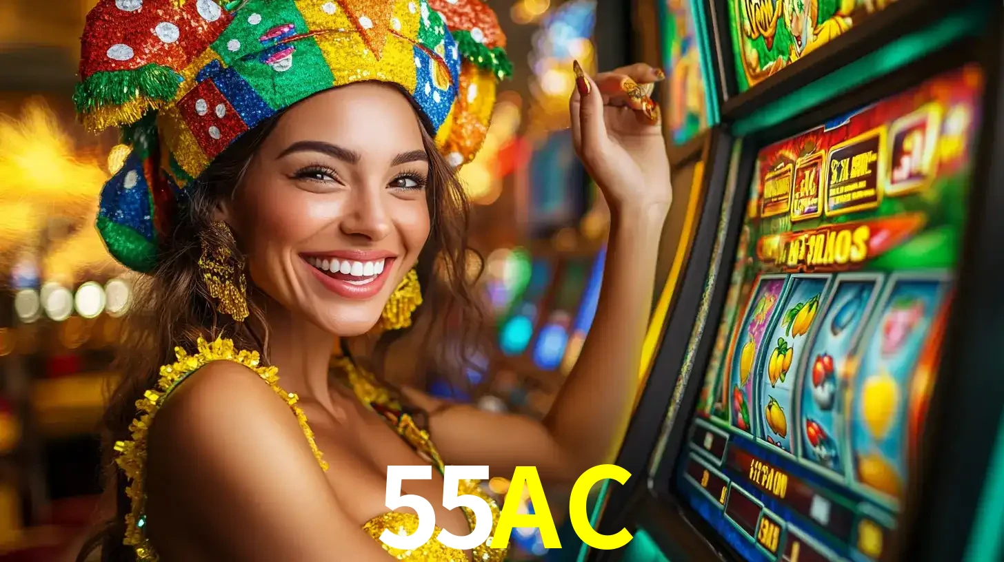 Mulher feliz com traje de carnaval amarelo e colorido ao lado de uma máquina de caça-níqueis, aproveitando a diversão e os jogos temáticos do cassino 55AC.
