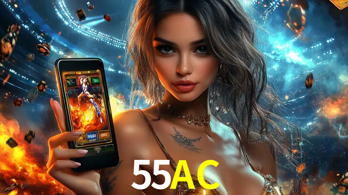 Mulher segurando um celular com um jogo de slot em destaque, tendo como fundo um estádio vibrante, simbolizando a emoção de jogar no cassino móvel 55AC.