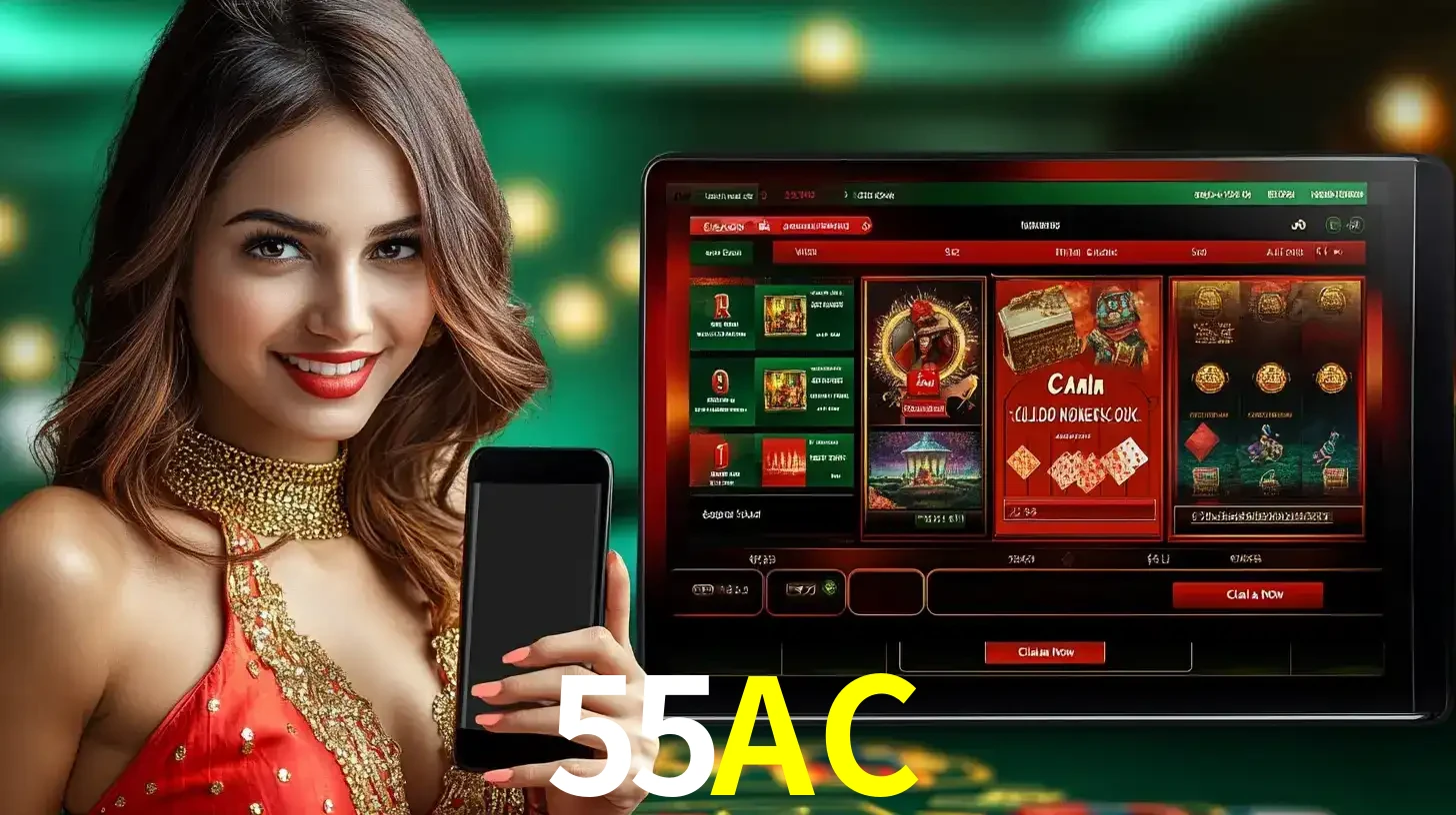 Mulher sorridente segurando um smartphone, ao lado de uma tela exibindo o lobby de jogos do cassino online 55AC, com várias opções de jogos de cartas e slots.